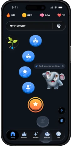 memoryOS mobile app home screen: a map of memory palaces and lessons, with streak, points and an 'Ask & remember anything' prompt