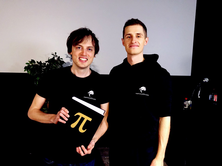 Co-founders of memoryOS Jonas von Essen and Alex Ruzh at the Pi Day 100,000 decimals memory record event in Stockholm, Sweden, March 2020