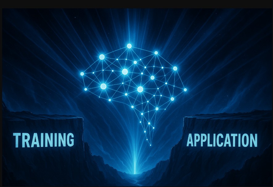 Brain between training and application, representing the memory gap in corporate learning.

