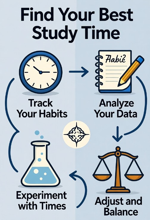 Step-by-step infographic on discovering personal best study hours, showing tracking focus, logging peak hours, testing sessions, and adjusting schedule, with clock and notebook icons.