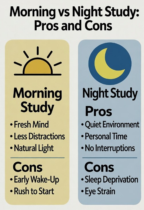 Split infographic comparing morning and night study, showing pros and cons: morning for fresh mind and analytical work, evening for creativity and review, with sunrise and moon icons.
