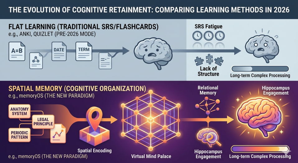 Infographic comparing Flat Learning (Anki/Quizlet) with Spatial Memory (memoryOS), showing SRS fatigue vs. Hippocampus engagement.