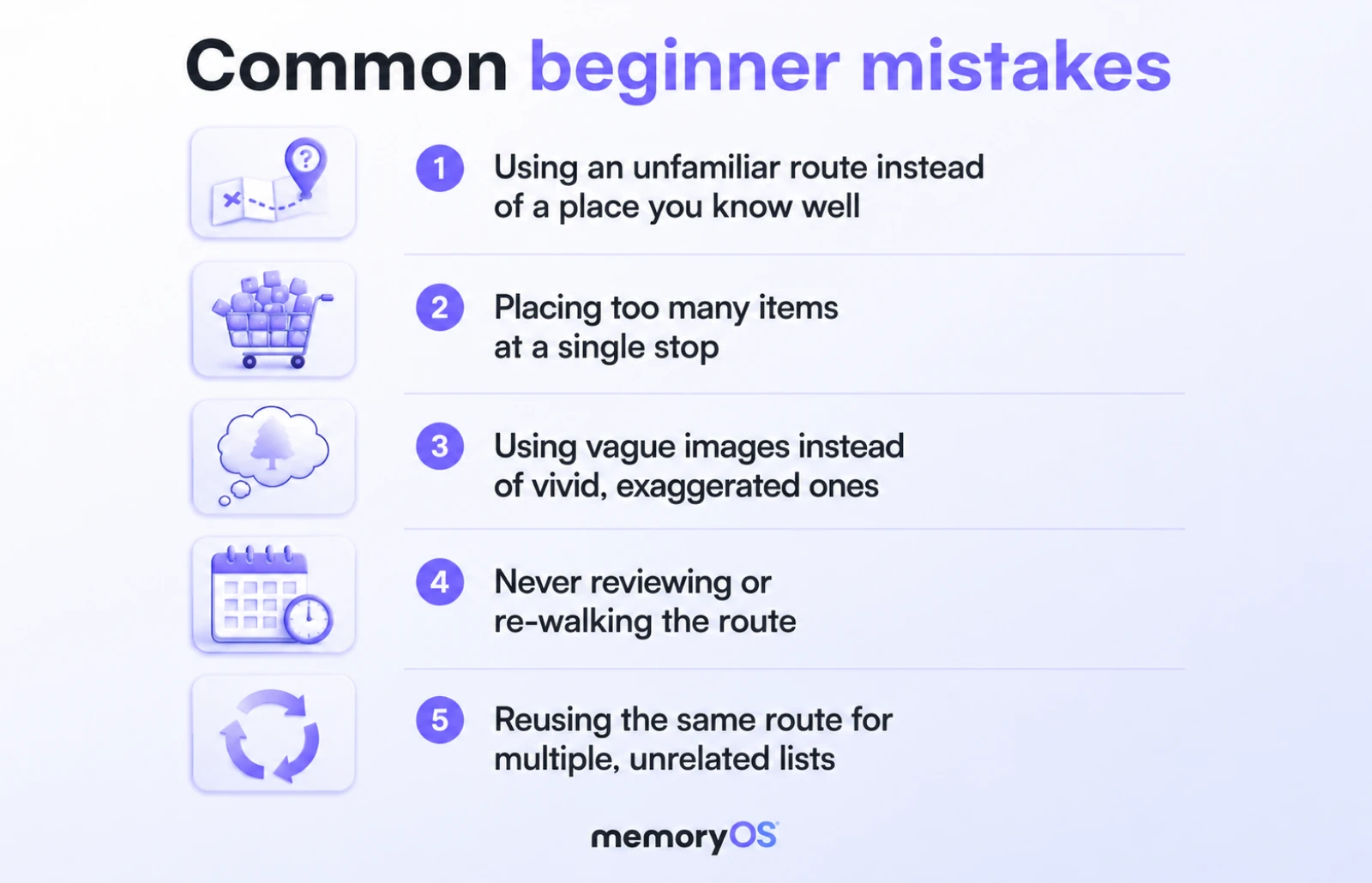 Common memory palace beginner mistakes: unfamiliar route, too many items at one stop, vague images, no review, reusing one route